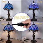 Small Tiffany Style Table Lamp 8 Inch Blue Stained Glass 3-color-temperature    