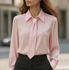 Women Satin Blouse Long Sleeve Office Shirt Elegant Tie Neck Work Top Casual