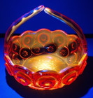 Le Smith Glass Moon   Stars Amberina Handle Basket Vase Glows Orange Cadmium Vtg