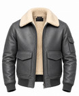 Men s Gray Leather Bomber Jacket Cream Sherpa Collar Winter Aviator Coat