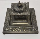 Antique Solid Brass Ornate Inkwell With Glass Ink Well   Unopened Pelican Bottle