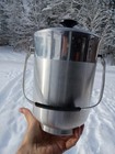 Vtg Mcm Brushed Spun Aluminium Round Ice Bucket Silver Black Barware Made Italy