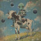 Ufo Cow Alien Friend Wall Art  Retro Sci-fi Farm Animal Cow Mutilation Poster