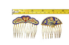 Pair Vintage Gold Tone Floral  Birds   Butterfly Cloisonne Hair Combs 2 