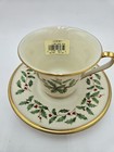 New Lenox Fine China Holiday Tea Cup And Saucer Set  Holly Berry   Gold