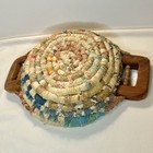 Large Vtg Handmade Rolled Coiled Rag Rug Primitive Basket With Wooden Handles