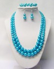 2 Strands 8 10mm Turquoise Glass Pearl Necklace bracelet earrings Set