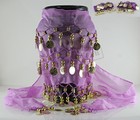 Purple Shawl Belly Dance Hip Skirt Ethnic Sheer Scarf Wrap Coins Middle Eastern