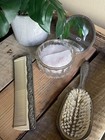 Vintage Vanity Powder Dresser Set Dish W Silver Plate Lid Mirror Brush Comb