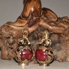 Chinese Silver Copper Dragon Inlaid Red Jade Hand-carved Pair Lion Statue 1002