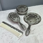 Vintage Silver Plate Dresser Vanity Set Hand Mirror Comb Brush Powder Jar 4 Pc