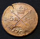 1768 Sweden 1 Ore Large Copper Cool Planchet Crack Old World Type Coin