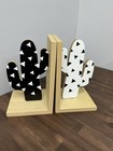 Wooden Cactus Bookends Set Black White Beige Modern Decor  Pack Of 2