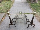 Vintage Mcm Brass Claw Foot Fireplace Cast Iron Andirons By Puritan With Grate