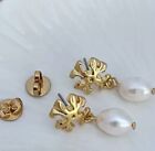 Tory Burch Vintage Double T Style Pearl Drop Lady Earrings Gold Plated Nice Gift