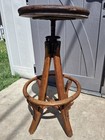 Antique Industrial Swivel Drafting Oak Wood Stool Early 1900s Cast Iron Hardware
