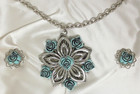 Blue Rose Silver Tone Acrylic Flower Pendant Necklace Clip Earrings Vtg Set