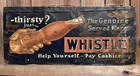1920s Whistle Soda Tin Tacker Graphic Bottle  Metal Embossed Sign 30x13   