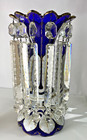 Antique Victorian Bohemian Cobalt Blue Gold Gilt Mantle Lusters 12 Prisms Pair