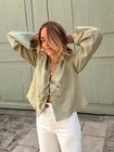 Bow Tie Front Tops For Women V Neck Linen Lace Up Shirts Casual Long Flare