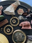 Antique Junk Drawer Lot Smalls Litho Tin 1940s Celluloid Clips Jewelry Chalkware