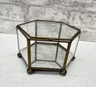 Vintage Hexagonal Etched Floral Glass Brass Metal Jewelry Trinket Box