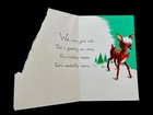 L930 Vtg Unused Glittered Xmas Greeting Card Cute Deer Fawn With Bunny Rabbit