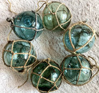 Set Of 6 Vintage Japanese Glass Fishing Floats 9cm Hand-blown Aqua Green W  Nets