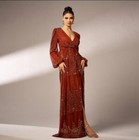 Womens 2024 Sexy V Neck Sequin Long Sleeves Slit Evening Dress Cocktail Prom 482
