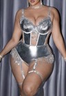 New Metallic Silver Pu Teddy Bodysuit 1x  Garters   Bands Sequins Tassels Fun  