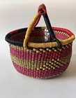 Handmade Ghanaian Blessing Basket Large Woven Market Basket Leather Handles