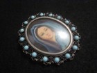 Antique 800 Silver Filigree Turquoise Hand Painted Blessed Mother Brooch Pendant