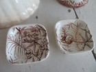 2 Old Vintage Square White Ironstone Butter Pats Brown Transferware Unique