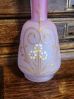 Antique Bohemian Harrach Art Glass Pink Satin Vase Enameled Flowers 7  Tall