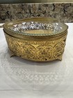 Vintage Ormolu Filigree Beveled Glass Casket Trinket Box Heart-shape