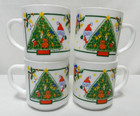 Arcopal France Milk Glass Mug Cup Set 4 Christmas Santa Tree Bear Bells Vintage