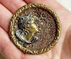Antique Extra Large Pierced Brass Art Nouveau Female Picture Button   1-13 16 
