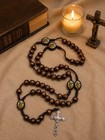 Saint Michael Archangel Wooden Rosary 18    Brown Beads Catholic Prayer Protection