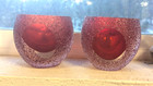 Vtg 2 Red Sommerso Glass Geode Candle Holders Tealight Clear Sugar Texture Xmas