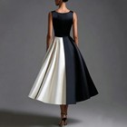 Elegant Two   tone Satin Midi Evening Dress Boat Neck Swing Cocktail Prom Gowns