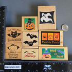 Halloween Rubber Stamp Set Lot Wood Wooden Pumpkin Dracula Bat Ghost Black Cat