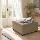 Square Storage Ottoman Camel Tan Tufted Top Nailhead Trim 30  Solid Wood Legs
