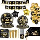 Gold And Black Graduation Decorations Set 152pcs Banner  Paper Plates And Napkin