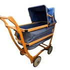 Antique 1920s Trav-l-eez Wooden Pram Baby Carriage Blue Fabric Canopy