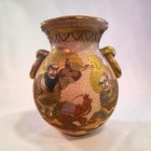 Antique Japanese Satsuma Style Moriage Samurai Dragon Vase 9    Ring Handles