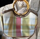 Vtg Relic Purse Pastel Plaid Convertible Bamboo Wood Handles Shoulder Strap Ec