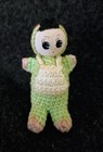 Vintage Japanese Crochet Mini Doll Green Outfit Apron Big Eyes Cloth Face Toy