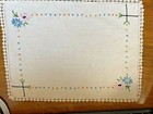 Vintage Linen Handkerchief Hankie Or Doily Hand Embroidered Flowers   Edged 