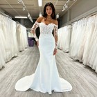 Mermaid Off Shoulder Satin Wedding Dresses Long Sleeve Lace Applique Bridal Gown