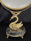 Rare Hollywood Regency Gold Swan Table Top Swivel Mirror Blk Marble Base Ornate